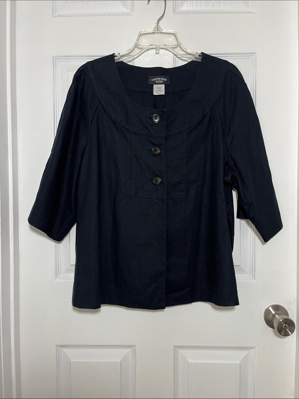 Canyon River Blues Black Linen/Cotton Blend Three-Button Boxy Blazer
